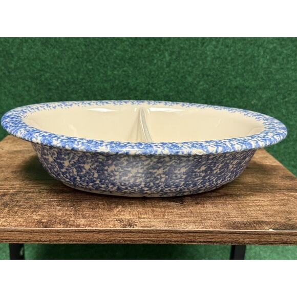 Gerald Henn Workshops Spongeware Oval Divided Dish BLUE Stoneware Roseville - Picture 8 of 8